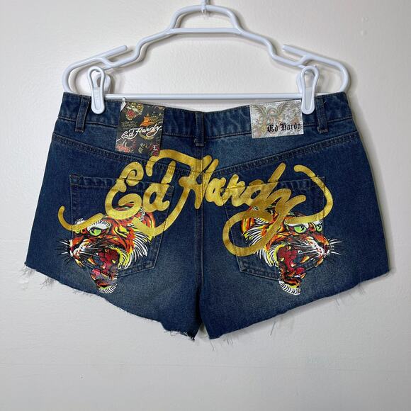 Ed Hardy Y2K Jean Shorts Large Blue Cut-Off "Dual Tigers" Print Denim NWT - Picture 1 of 5